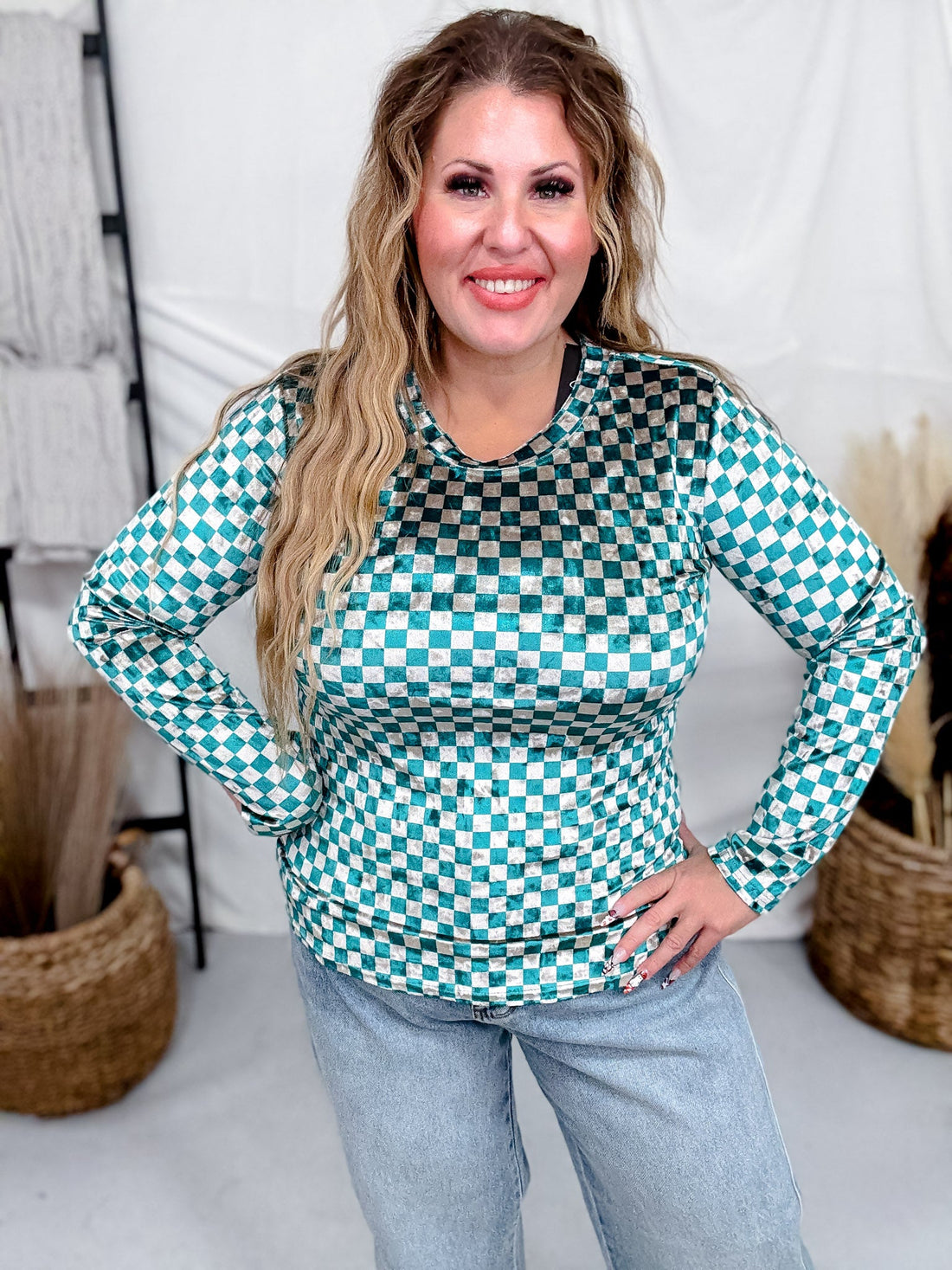 Teal and Beige Checkerboard Velvet Top - Whiskey Skies - J.NNA