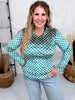 Teal and Beige Checkerboard Velvet Top - Whiskey Skies - J.NNA