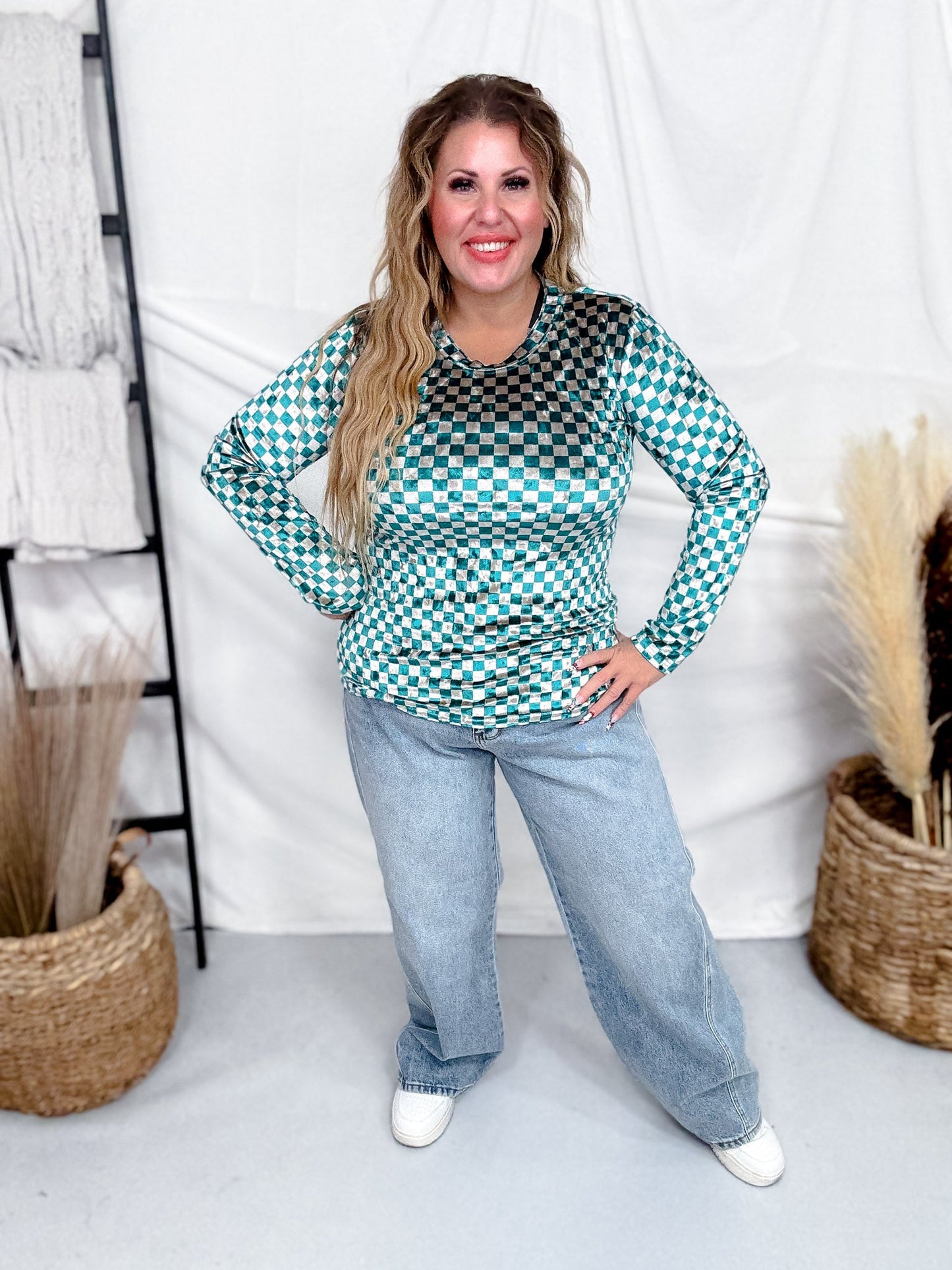 Teal and Beige Checkerboard Velvet Top - Whiskey Skies - J.NNA