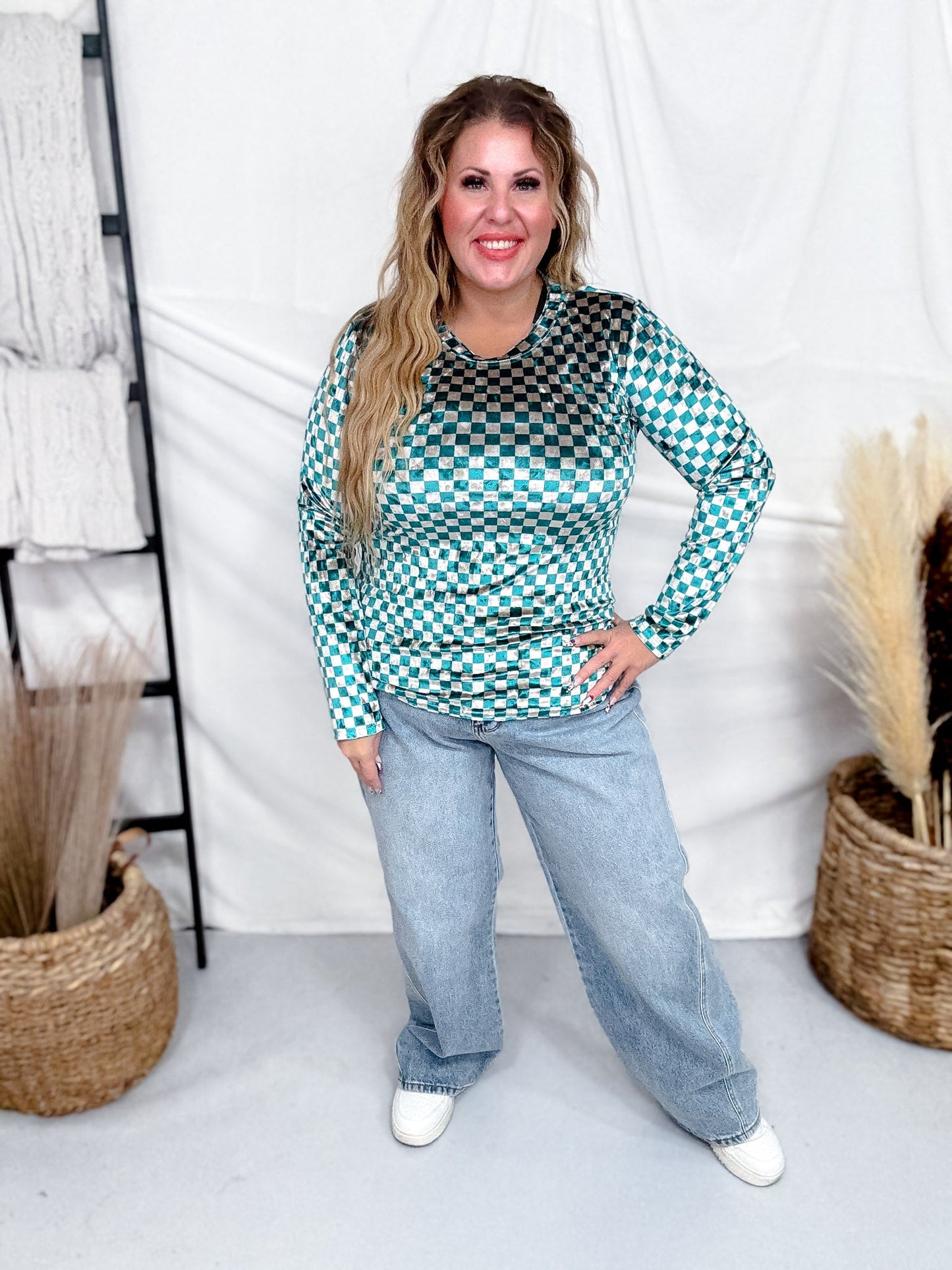 Teal and Beige Checkerboard Velvet Top - Whiskey Skies - J.NNA