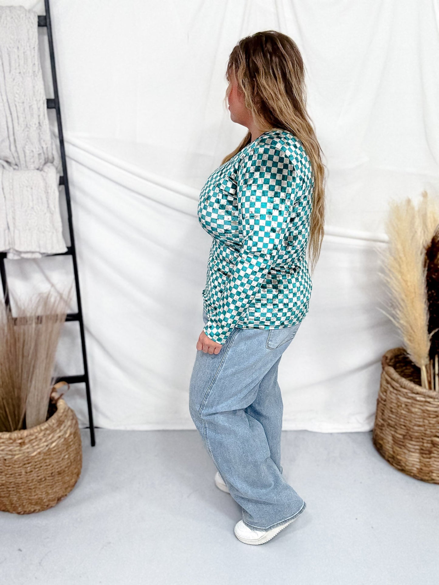 Teal and Beige Checkerboard Velvet Top - Whiskey Skies - J.NNA