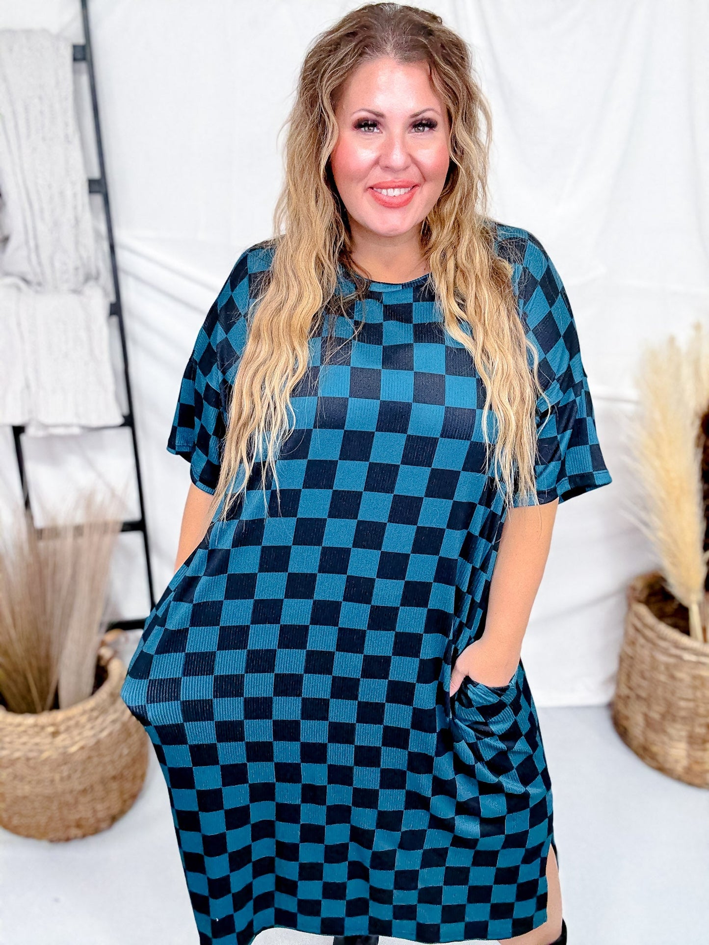 Teal And Black Checkerboard Ribbed Midi Dress - Whiskey Skies - JADE BY JANE