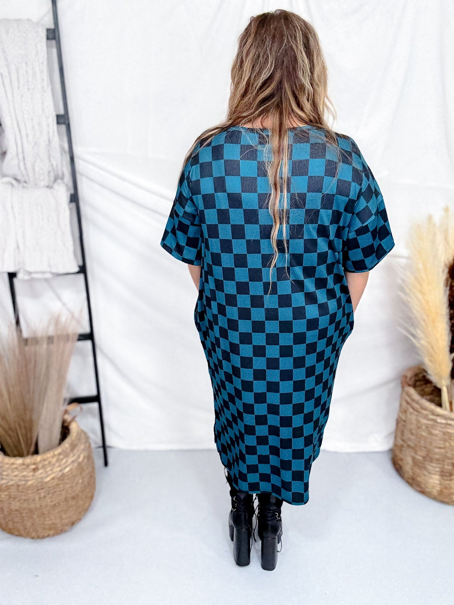 Teal And Black Checkerboard Ribbed Midi Dress - Whiskey Skies - JADE BY JANE
