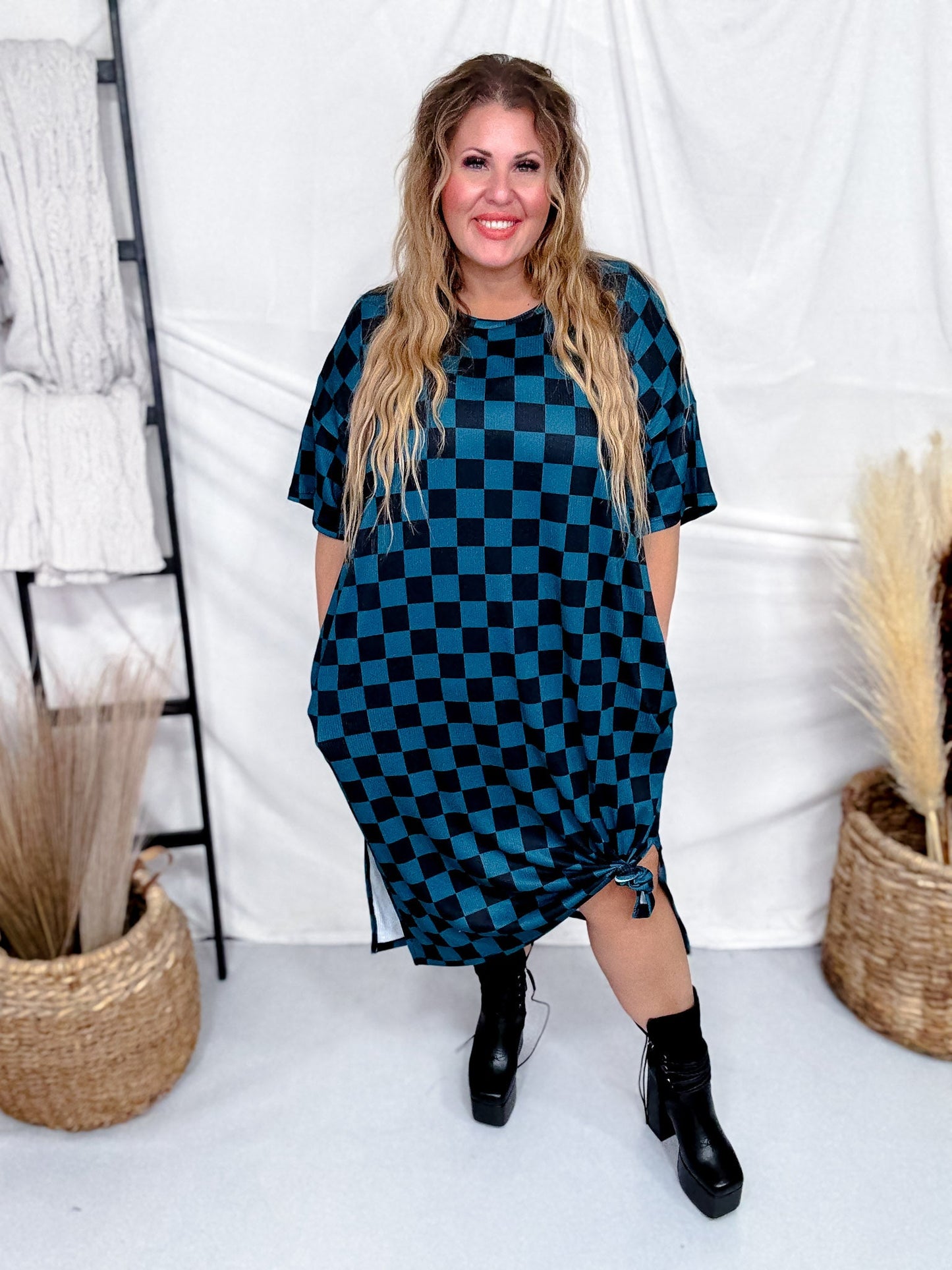 Teal And Black Checkerboard Ribbed Midi Dress - Whiskey Skies - JADE BY JANE