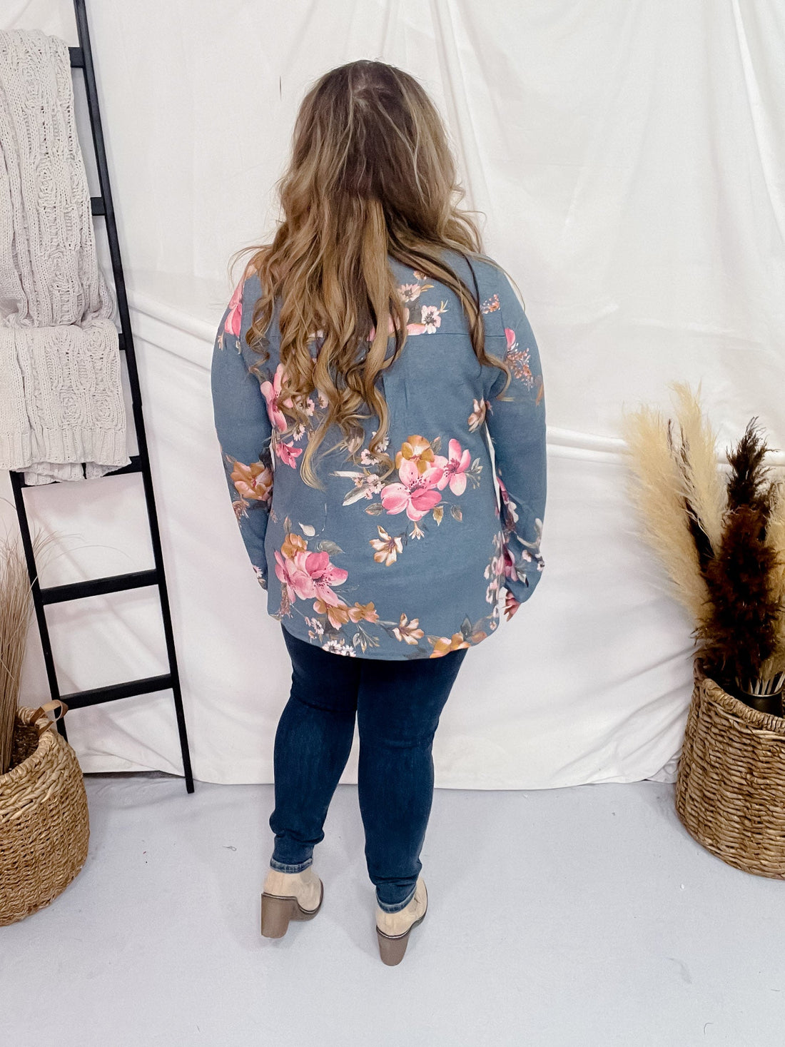 Teal and Pink Floral Long Sleeve Lizzy Top - Whiskey Skies - DEAR SCARLETT