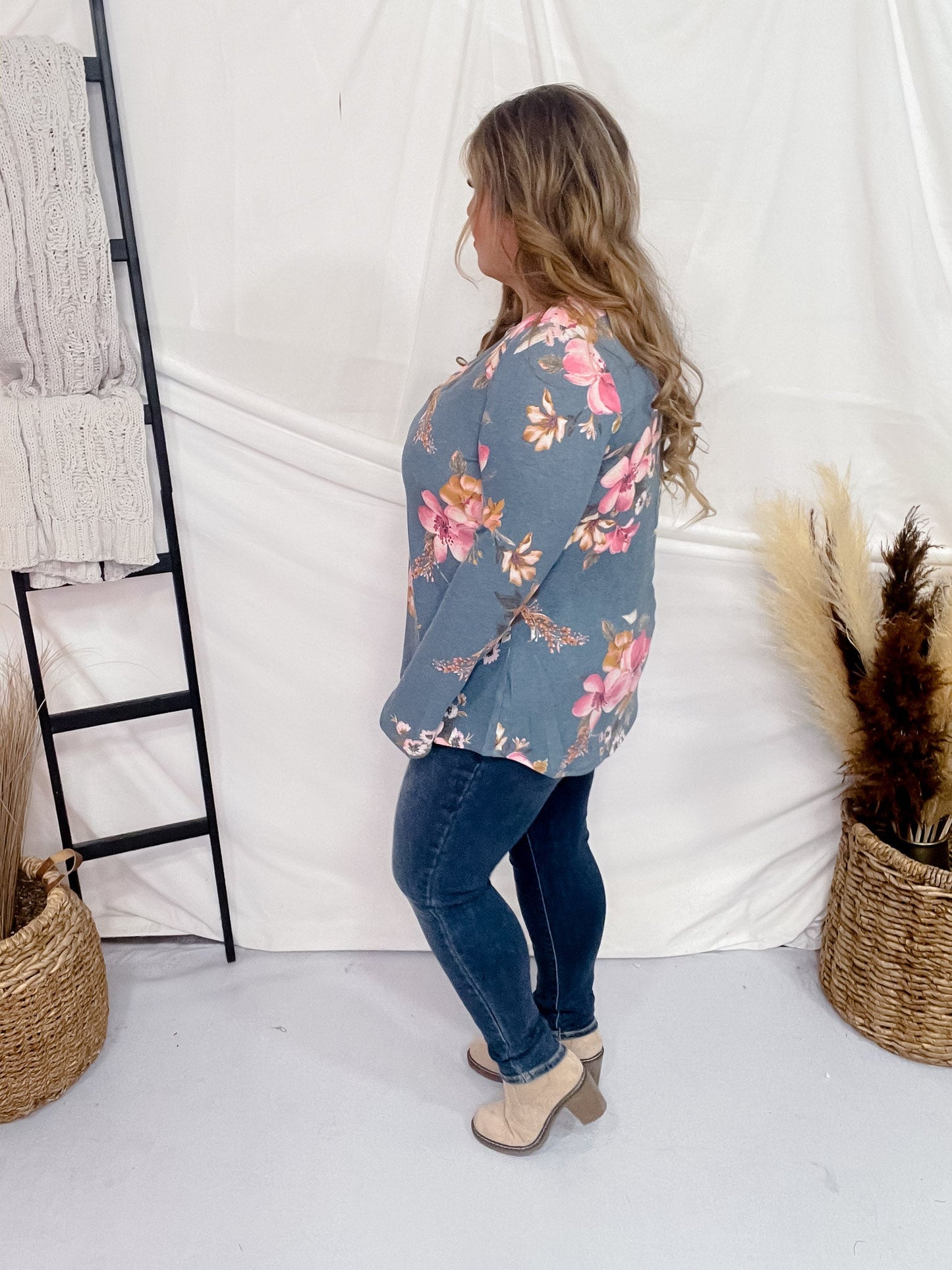 Teal and Pink Floral Long Sleeve Lizzy Top - Whiskey Skies - DEAR SCARLETT