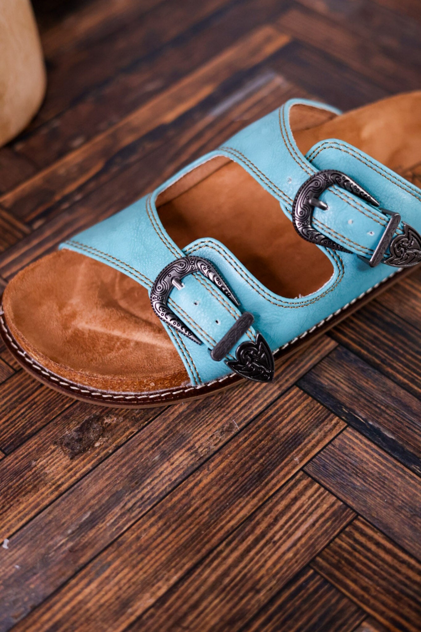 Teal "Atta Girl" Sandals With Engraved Buckles - Whiskey Skies - CORKYS FOOTWEAR
