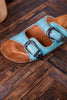 Teal "Atta Girl" Sandals With Engraved Buckles - Whiskey Skies - CORKYS FOOTWEAR