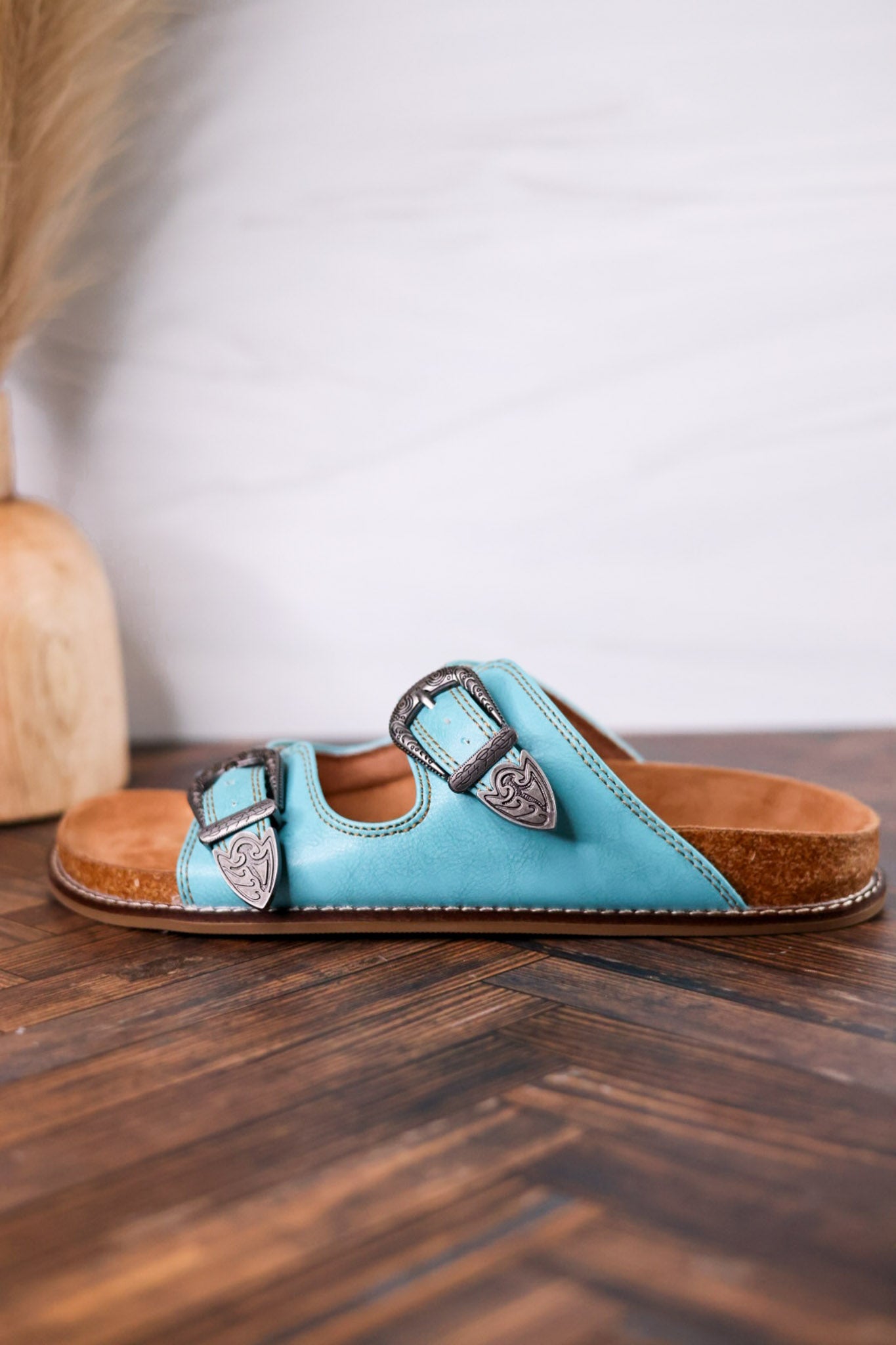 Teal "Atta Girl" Sandals With Engraved Buckles - Whiskey Skies - CORKYS FOOTWEAR
