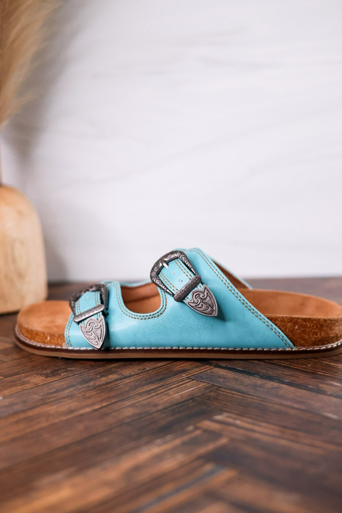 Teal "Atta Girl" Sandals With Engraved Buckles - Whiskey Skies - CORKYS FOOTWEAR