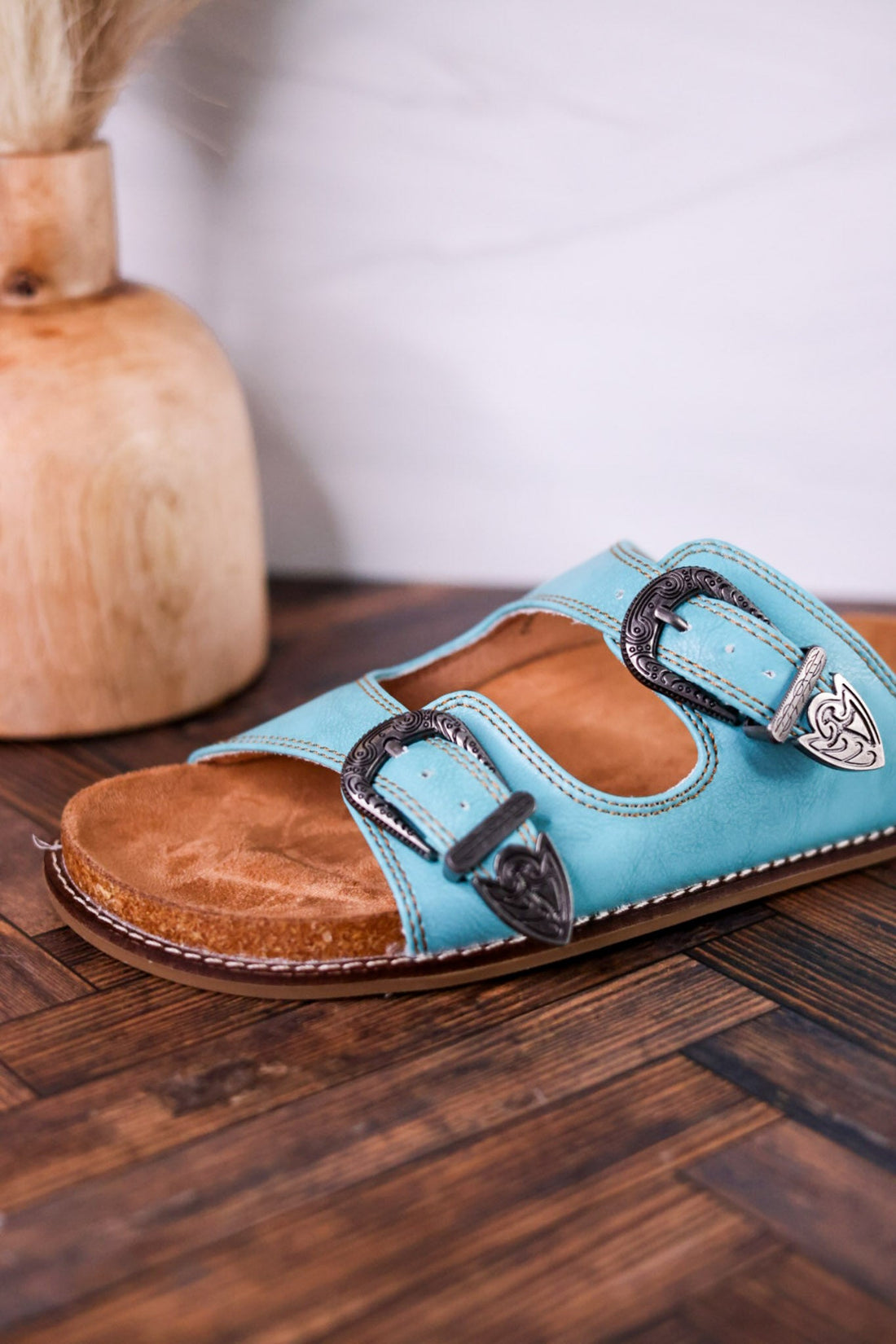 Teal "Atta Girl" Sandals With Engraved Buckles - Whiskey Skies - CORKYS FOOTWEAR