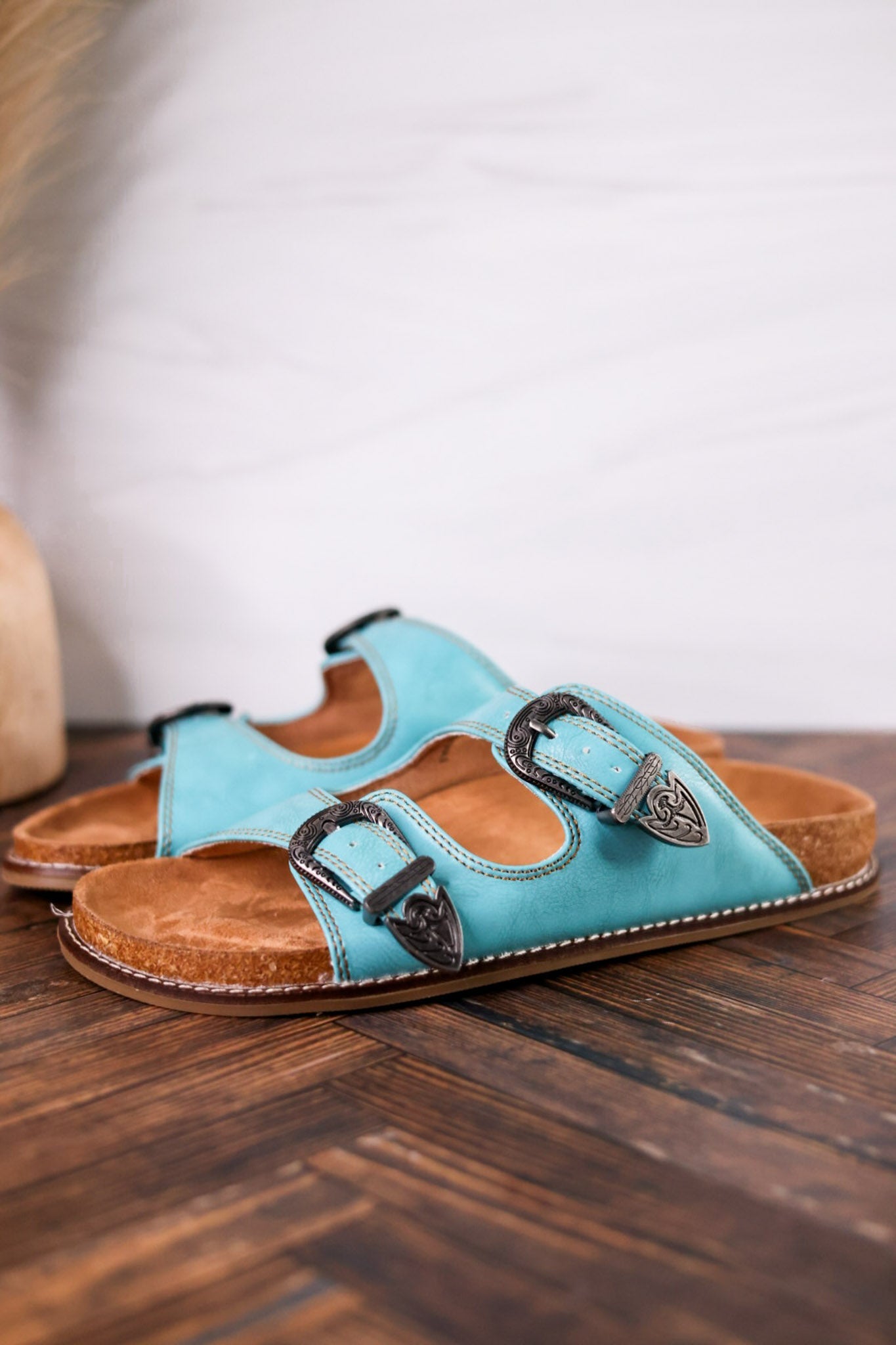 Teal "Atta Girl" Sandals With Engraved Buckles - Whiskey Skies - CORKYS FOOTWEAR