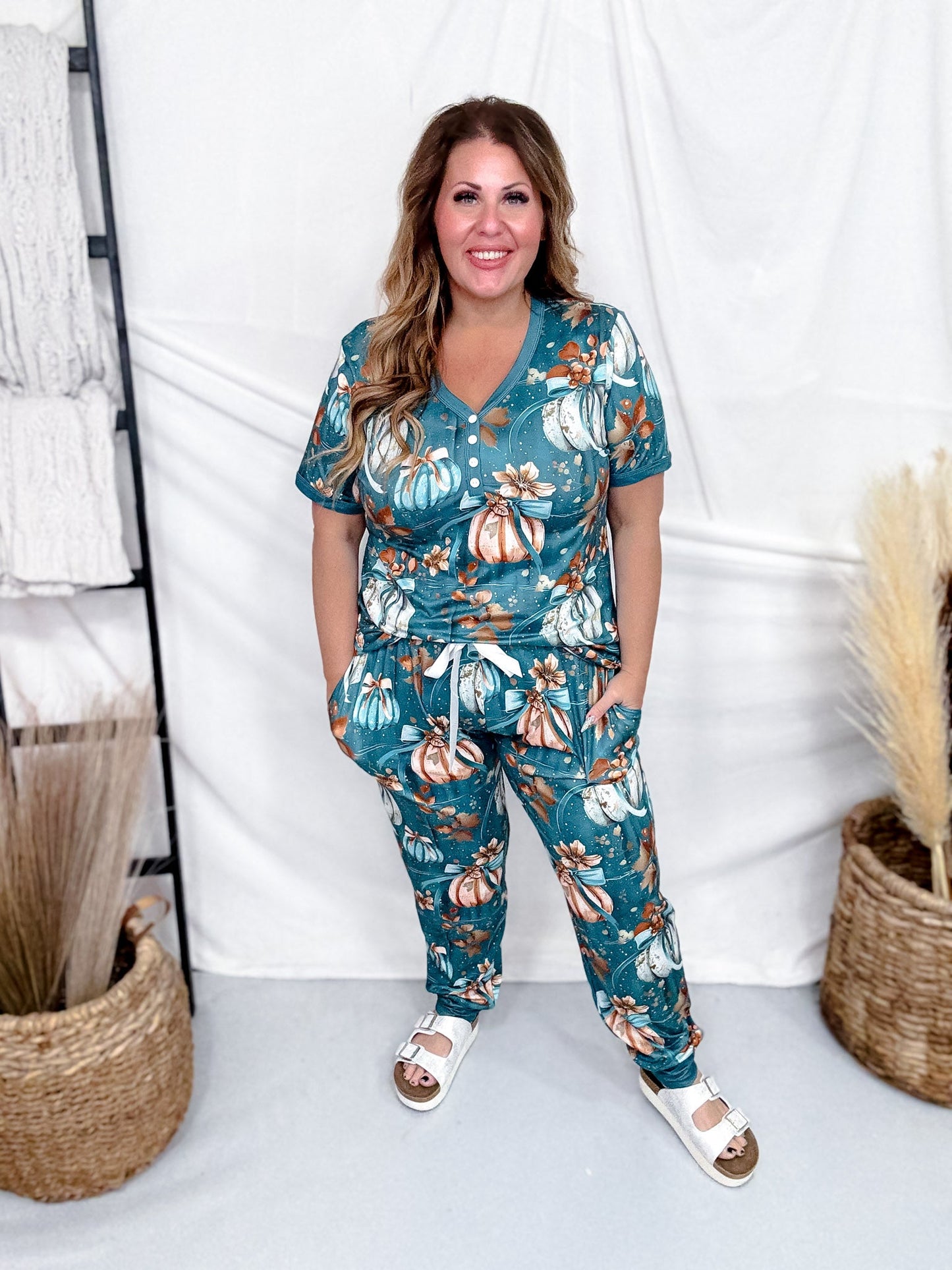 Teal Autumn Pumpkin & Bows Loungewear Set - Whiskey Skies - SHIRLEY & STONE
