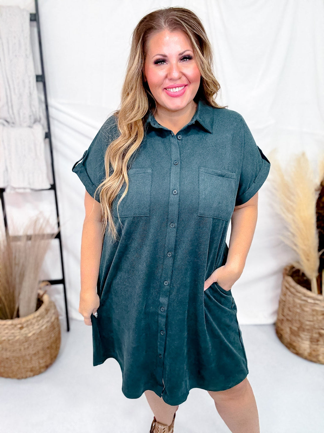 Teal Button Up Twill Suede Shirt Dress - Whiskey Skies - SHE + SKY