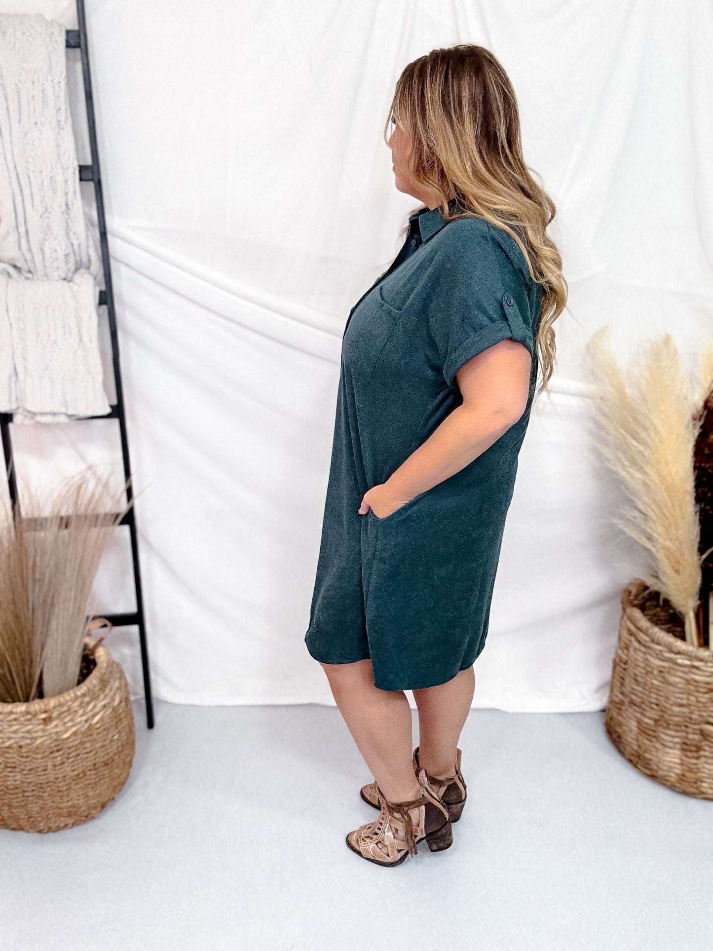 Teal Button Up Twill Suede Shirt Dress - Whiskey Skies - SHE + SKY