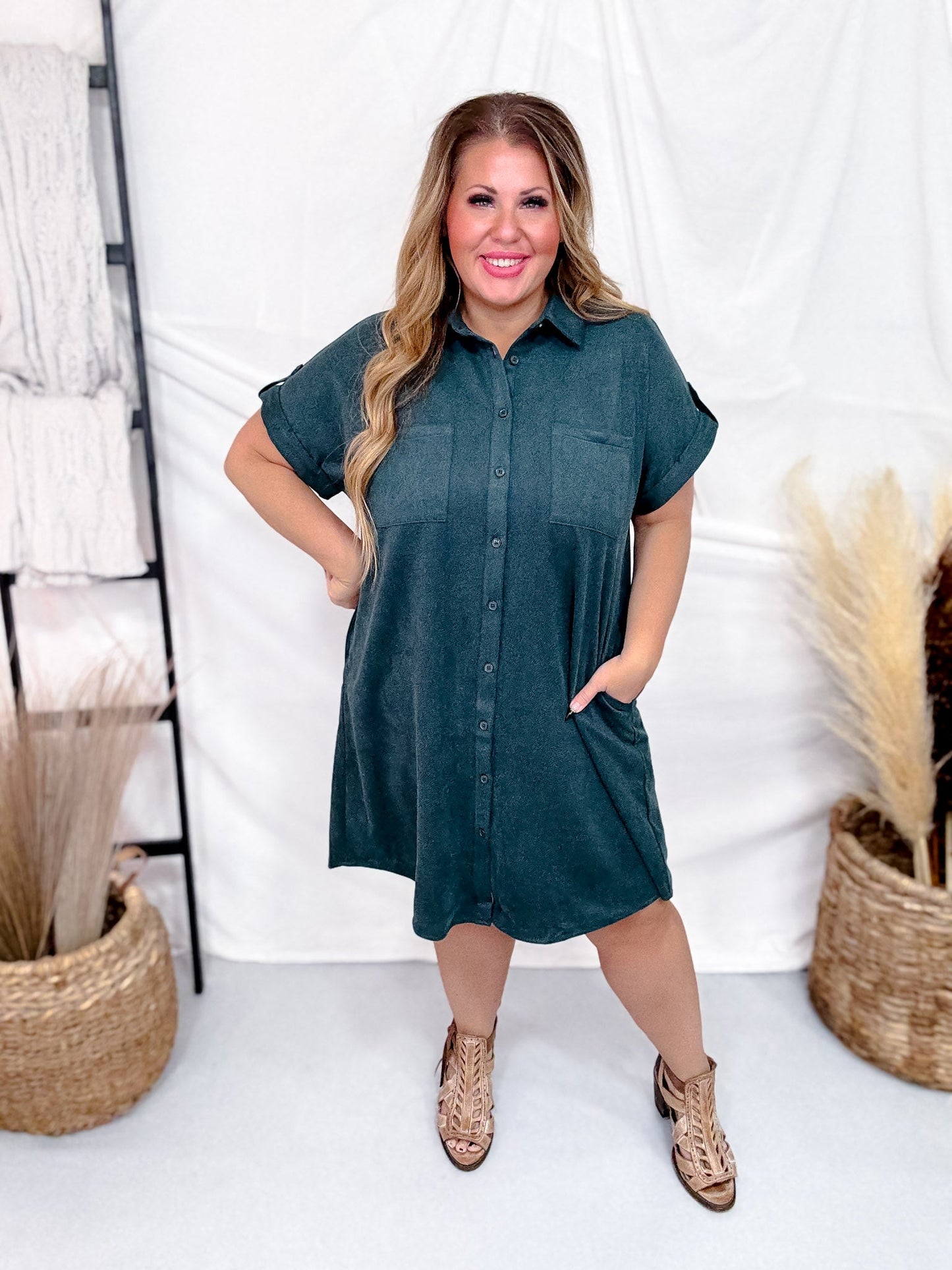 Teal Button Up Twill Suede Shirt Dress - Whiskey Skies - SHE + SKY