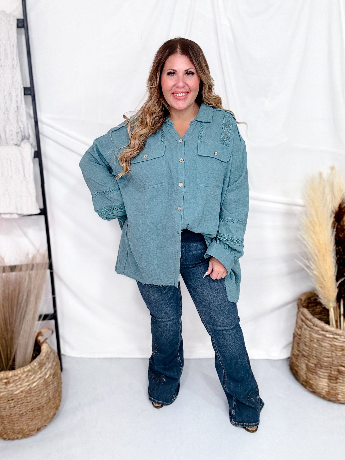 Teal Cotton Gauze Top With Crochet Detailing - Whiskey Skies - EASEL