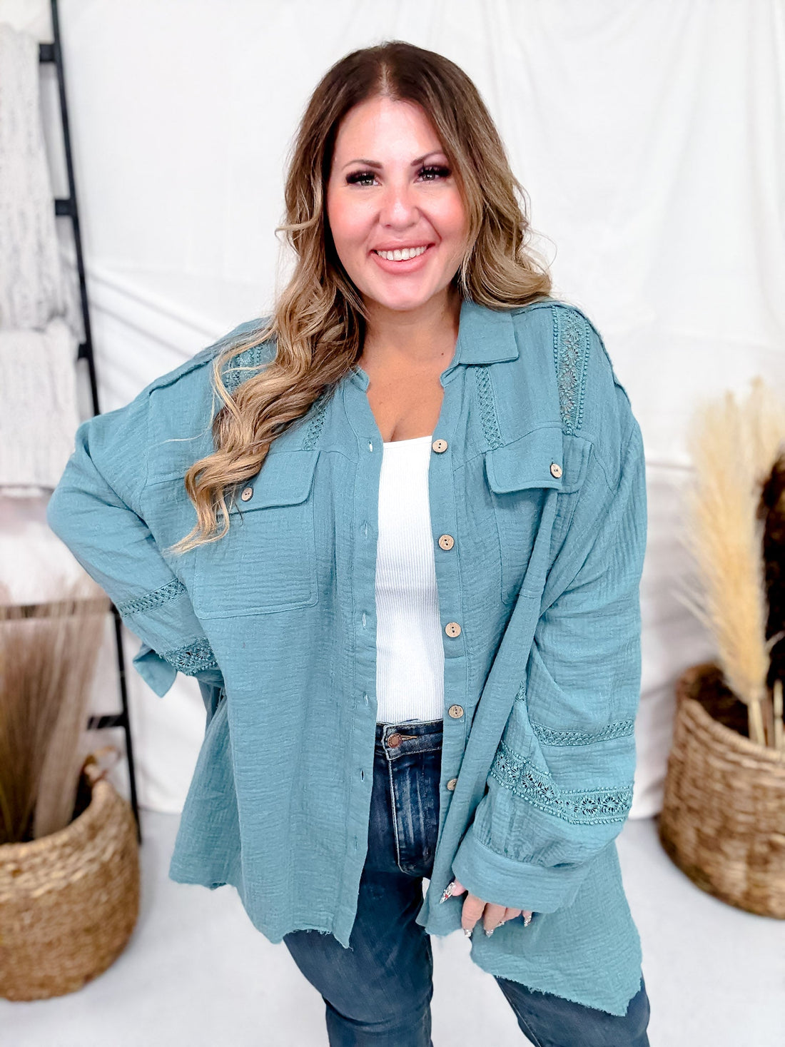 Teal Cotton Gauze Top With Crochet Detailing - Whiskey Skies - EASEL