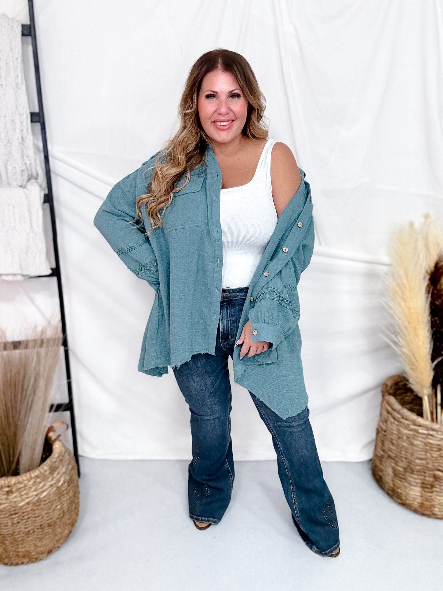 Teal Cotton Gauze Top With Crochet Detailing - Whiskey Skies - EASEL