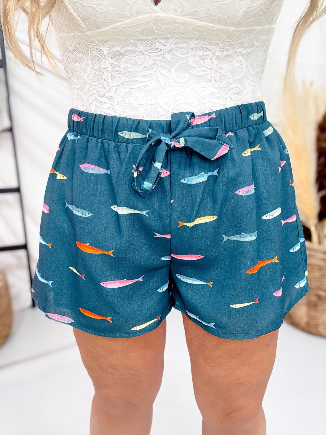 Teal Fish Print Drawstring Waist Shorts - Whiskey Skies - POLAGRAM + BAEVELY