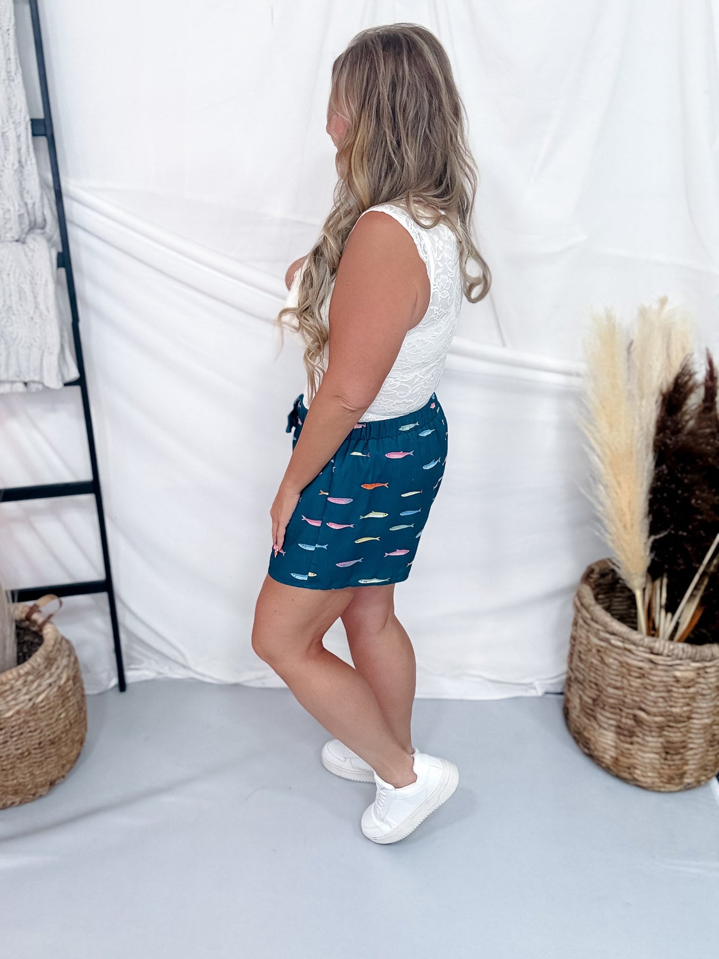 Teal Fish Print Drawstring Waist Shorts - Whiskey Skies - POLAGRAM + BAEVELY