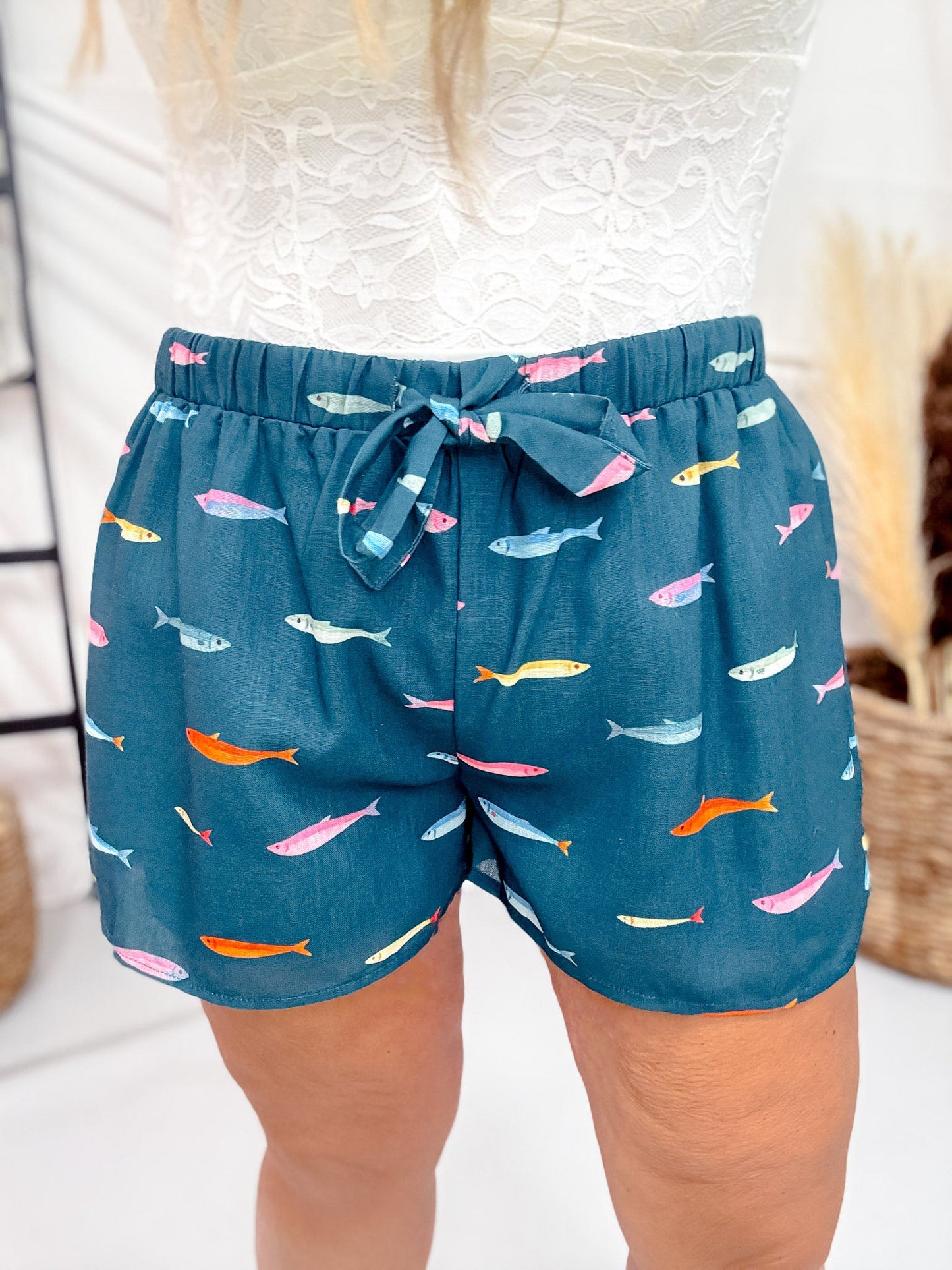Teal Fish Print Drawstring Waist Shorts - Whiskey Skies - POLAGRAM + BAEVELY