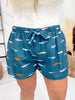 Teal Fish Print Drawstring Waist Shorts - Whiskey Skies - POLAGRAM + BAEVELY