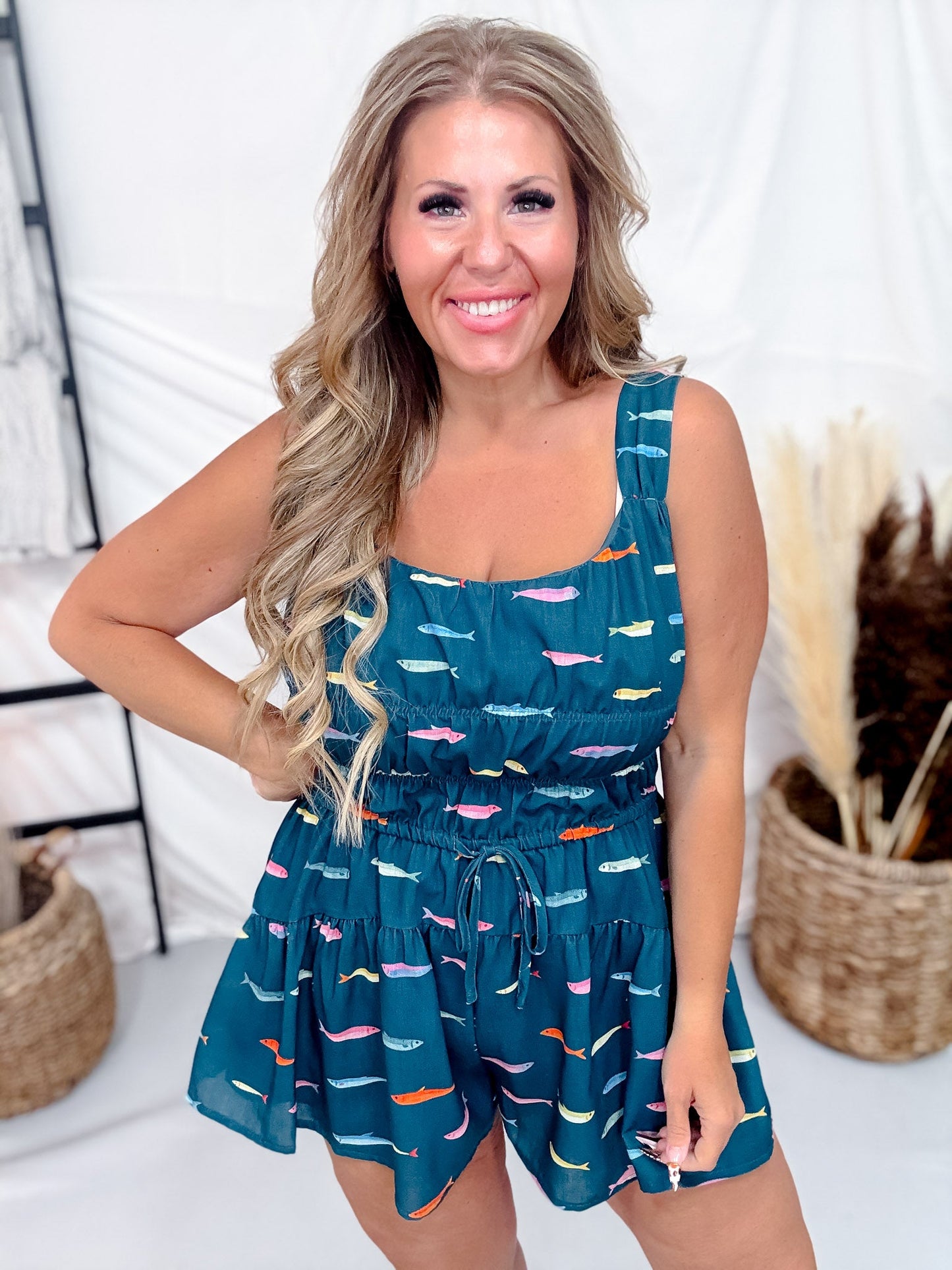 Teal Fish Print Sleeveless Romper W/ Square Neckline - Whiskey Skies - POLAGRAM + BAEVELY