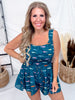 Teal Fish Print Sleeveless Romper W/ Square Neckline - Whiskey Skies - POLAGRAM + BAEVELY