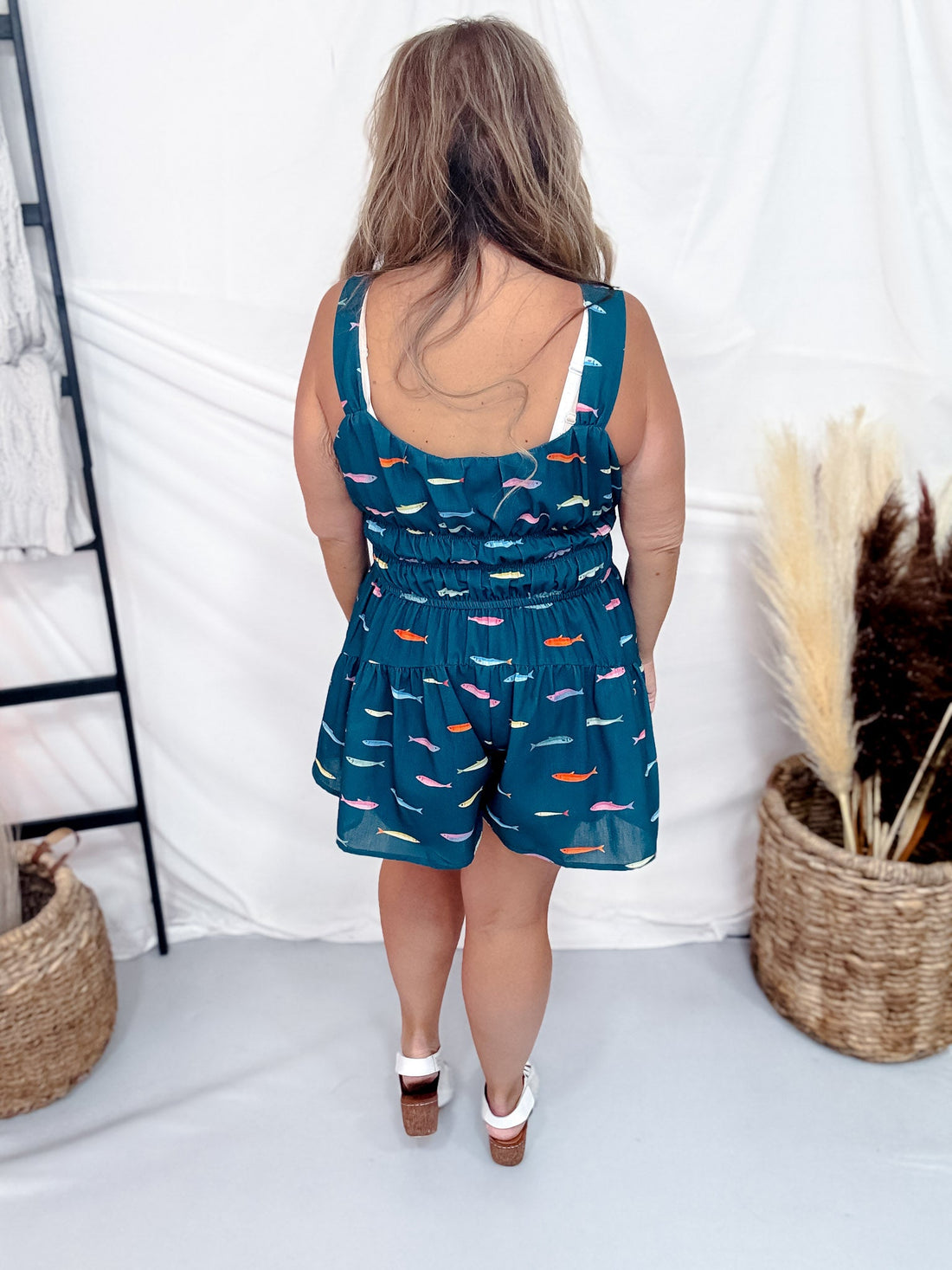 Teal Fish Print Sleeveless Romper W/ Square Neckline - Whiskey Skies - POLAGRAM + BAEVELY