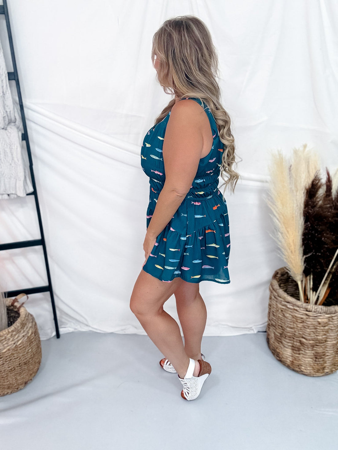 Teal Fish Print Sleeveless Romper W/ Square Neckline - Whiskey Skies - POLAGRAM + BAEVELY