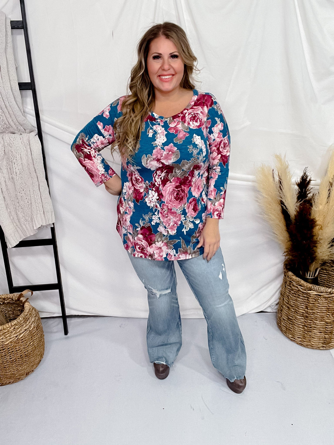 Teal & Mauve 3/4 Sleeve Floral Print Top - Whiskey Skies - DEAR SCARLETT