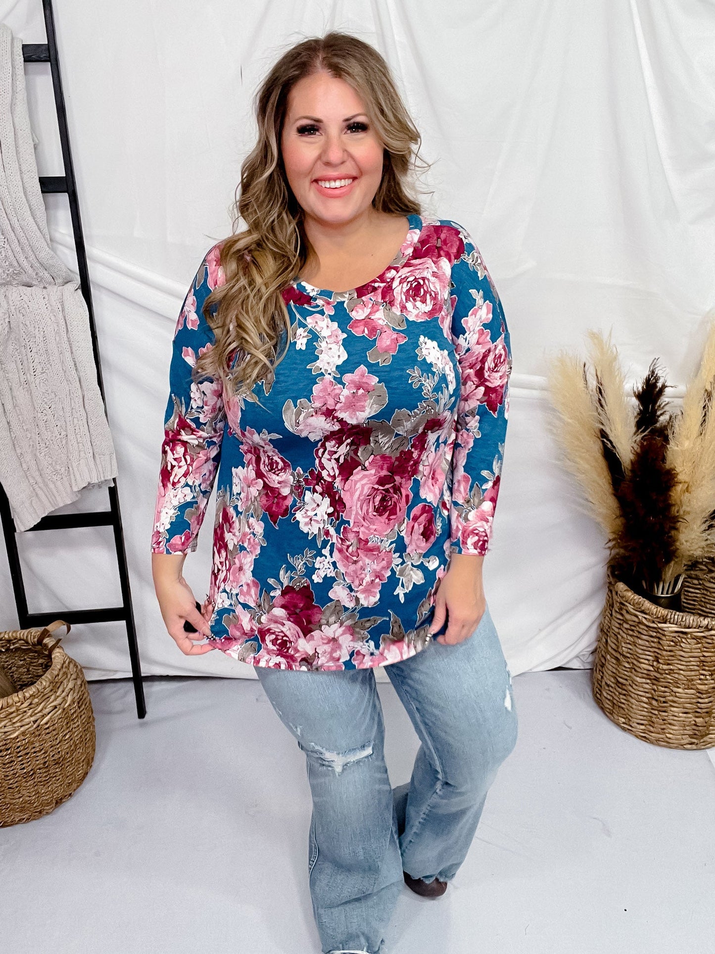 Teal & Mauve 3/4 Sleeve Floral Print Top - Whiskey Skies - DEAR SCARLETT