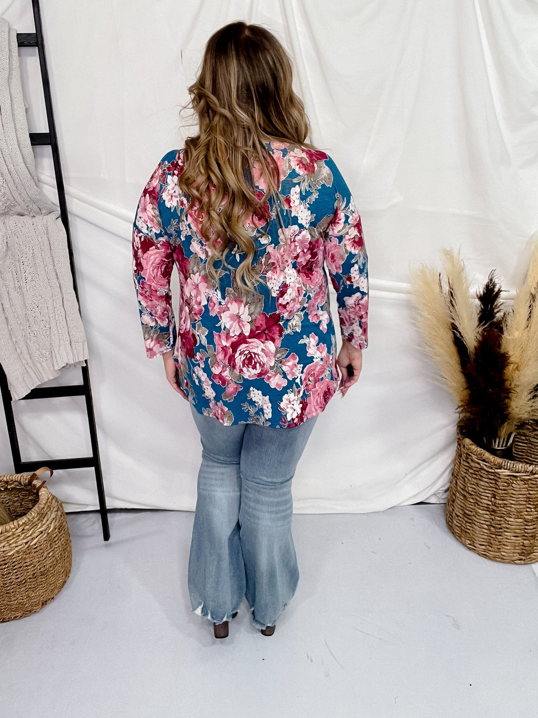 Teal & Mauve 3/4 Sleeve Floral Print Top - Whiskey Skies - DEAR SCARLETT