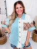 Teal Mixed Print Jersey Knit Short Sleeve Button Down Top - Whiskey Skies - ODDI