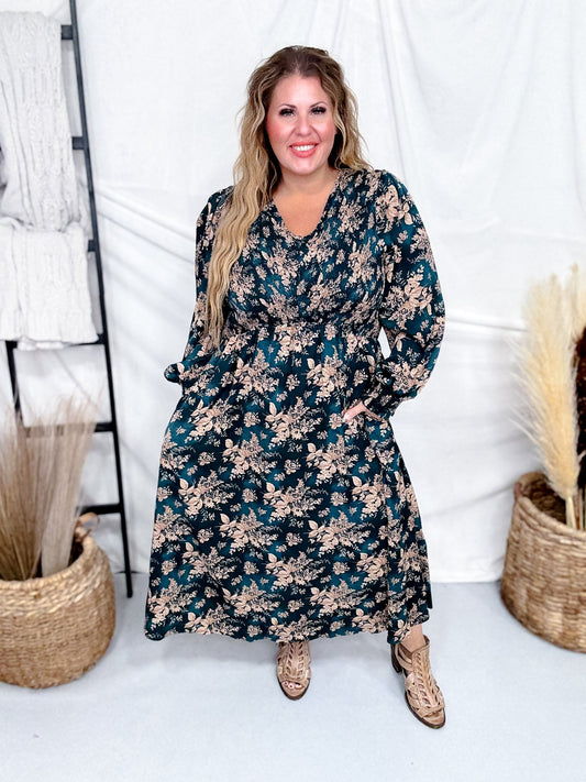 Teal V - Neck Maxi Dress With Antique Floral Pattern - Whiskey Skies - HAYDEN