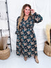 Teal V - Neck Maxi Dress With Antique Floral Pattern - Whiskey Skies - HAYDEN