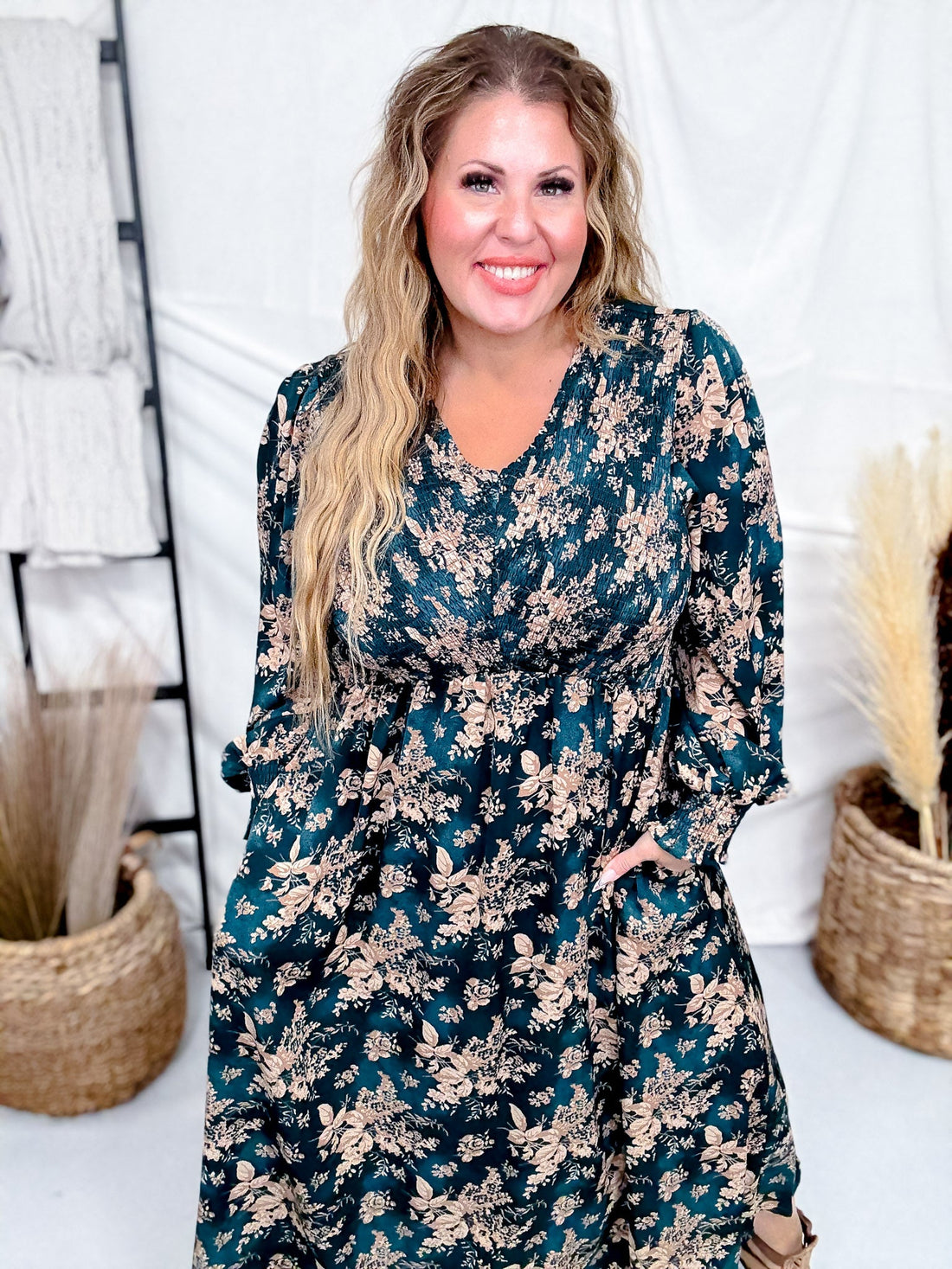 Teal V - Neck Maxi Dress With Antique Floral Pattern - Whiskey Skies - HAYDEN