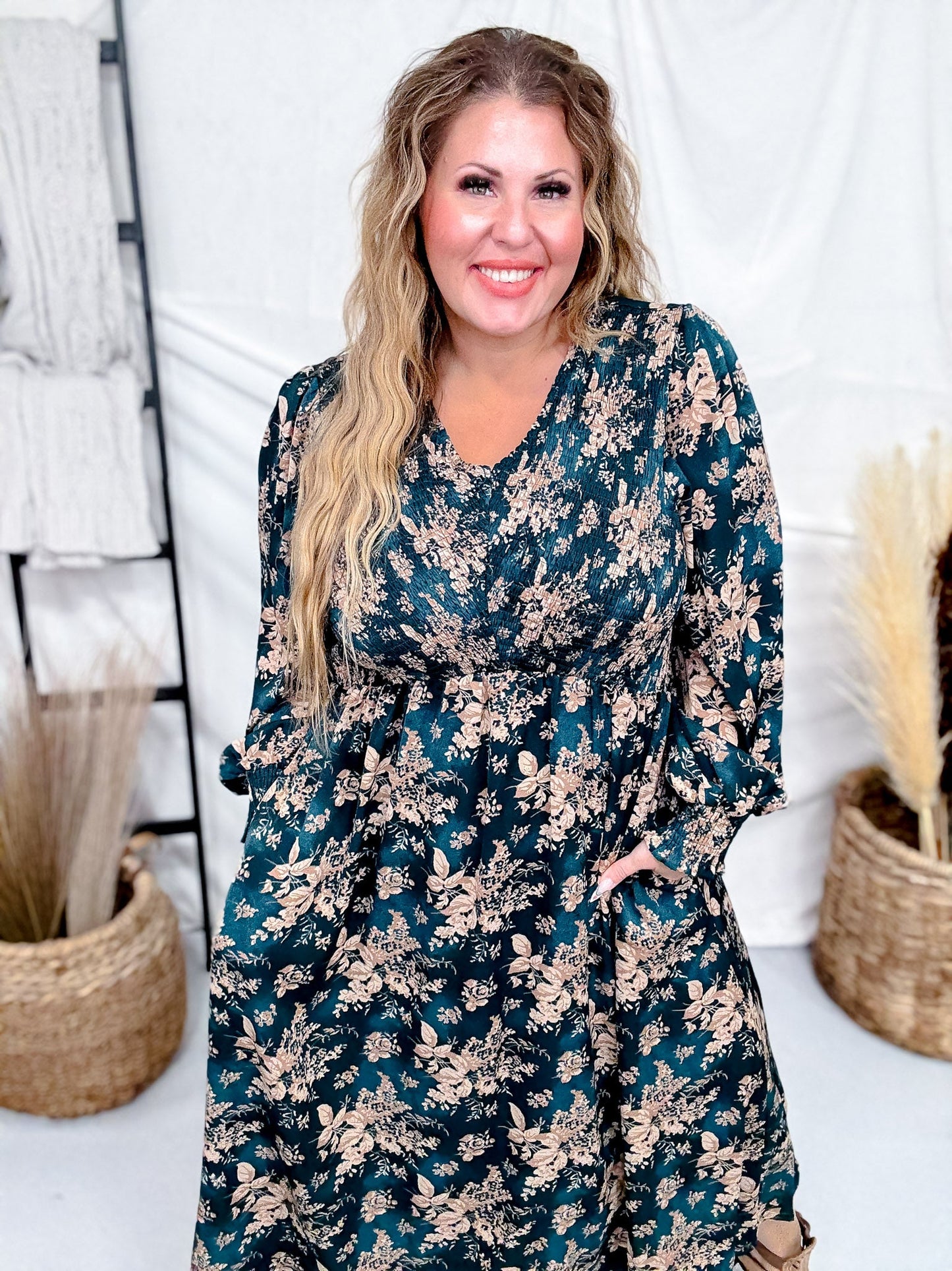 Teal V - Neck Maxi Dress With Antique Floral Pattern - Whiskey Skies - HAYDEN