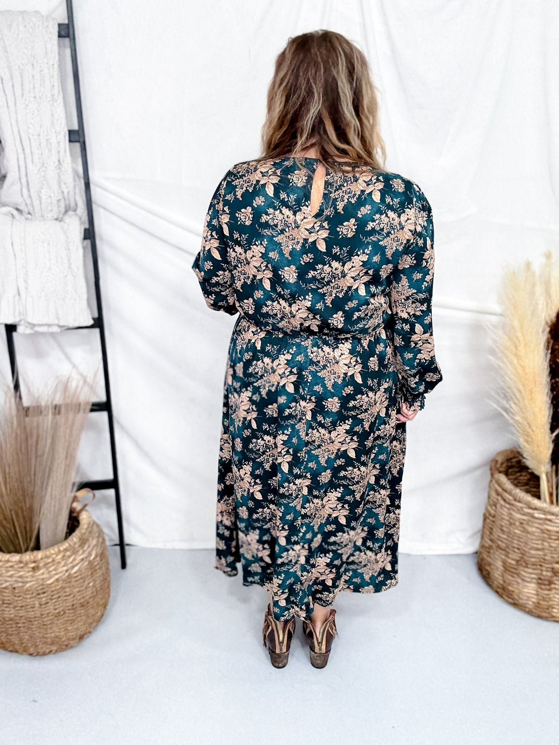 Teal V - Neck Maxi Dress With Antique Floral Pattern - Whiskey Skies - HAYDEN