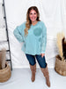 Teal Washed Terry Pullover With Eyelet Lace Sleeves - Whiskey Skies - EASEL