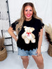 Teddy Bear Short Sleeve Sweater Top with Scalloped Detailing - Whiskey Skies - BIBI