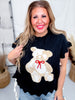 Teddy Bear Short Sleeve Sweater Top with Scalloped Detailing - Whiskey Skies - BIBI