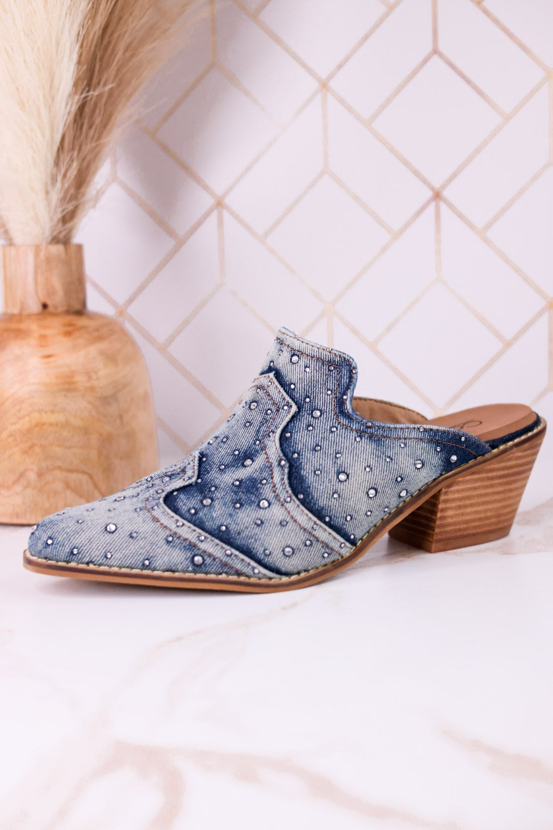 "Tex Mex" Pointed Toe Blue Washed Denim Mules - Whiskey Skies - CORKYS FOOTWEAR