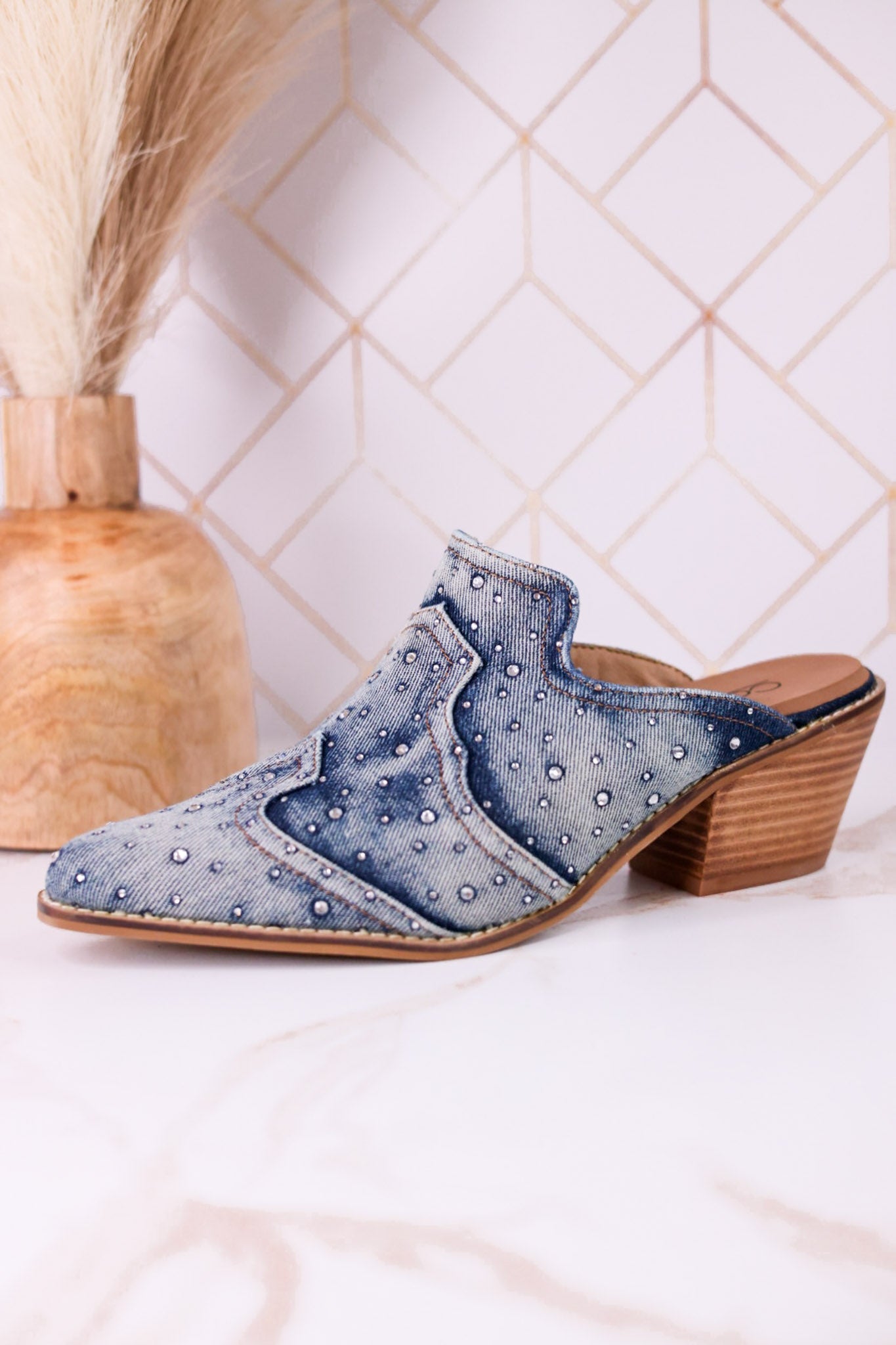 "Tex Mex" Pointed Toe Blue Washed Denim Mules - Whiskey Skies - CORKYS FOOTWEAR