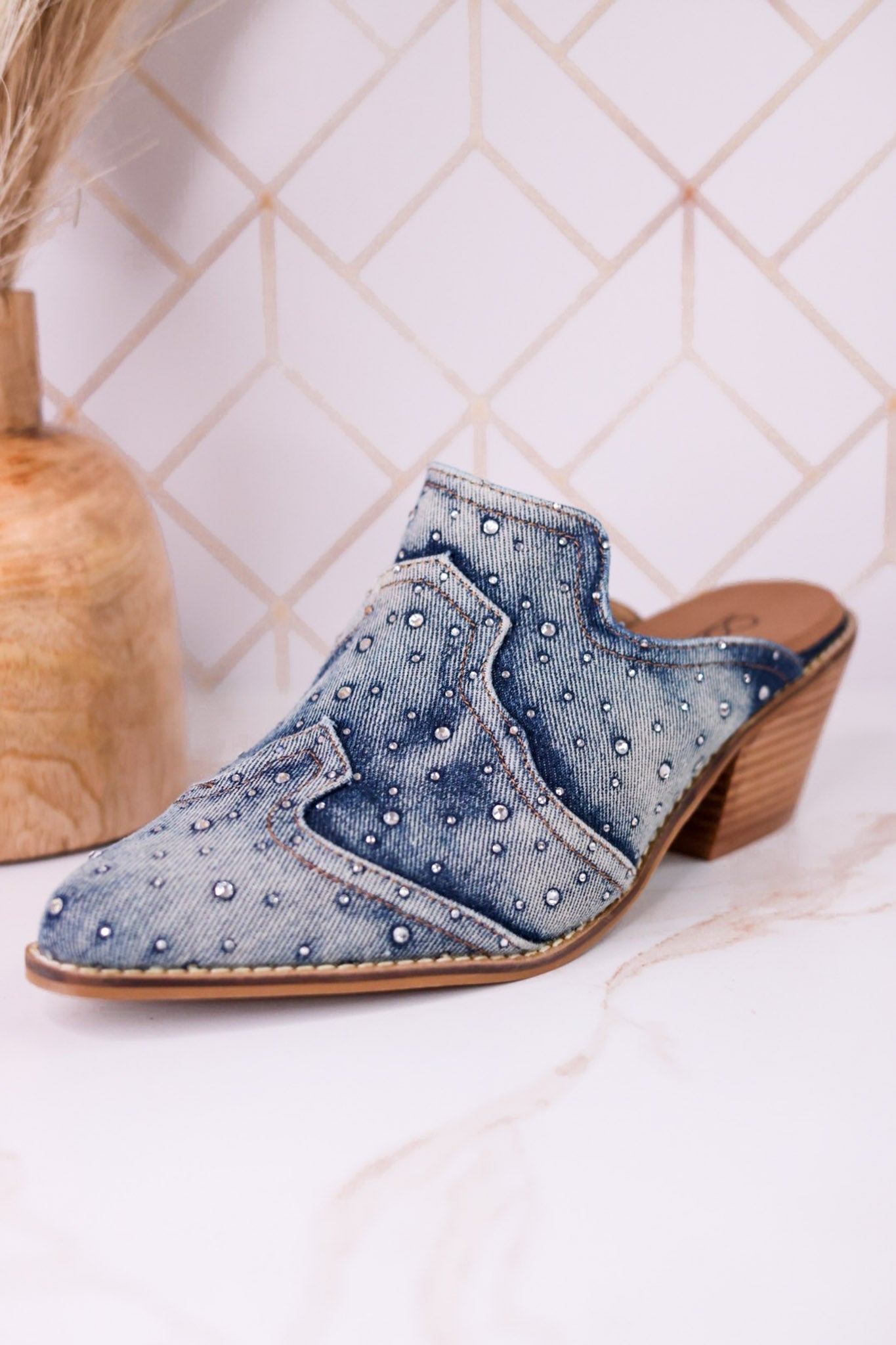 "Tex Mex" Pointed Toe Blue Washed Denim Mules - Whiskey Skies - CORKYS FOOTWEAR