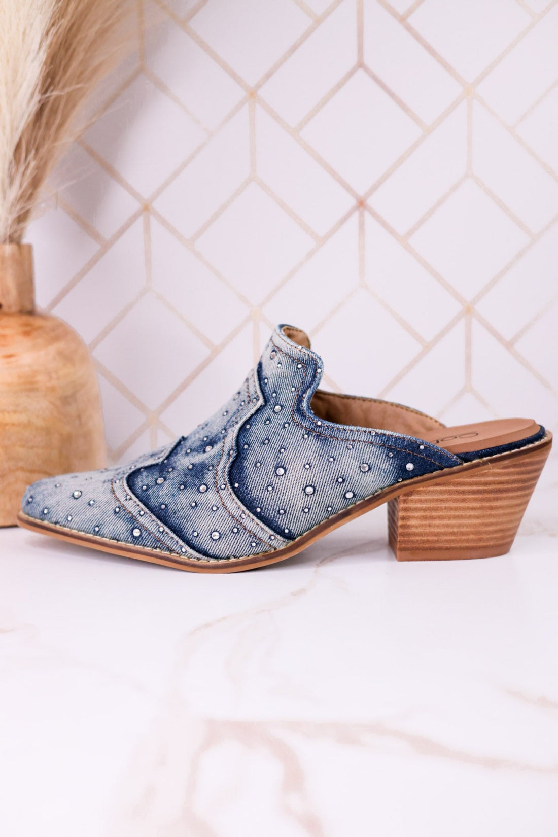 "Tex Mex" Pointed Toe Blue Washed Denim Mules - Whiskey Skies - CORKYS FOOTWEAR