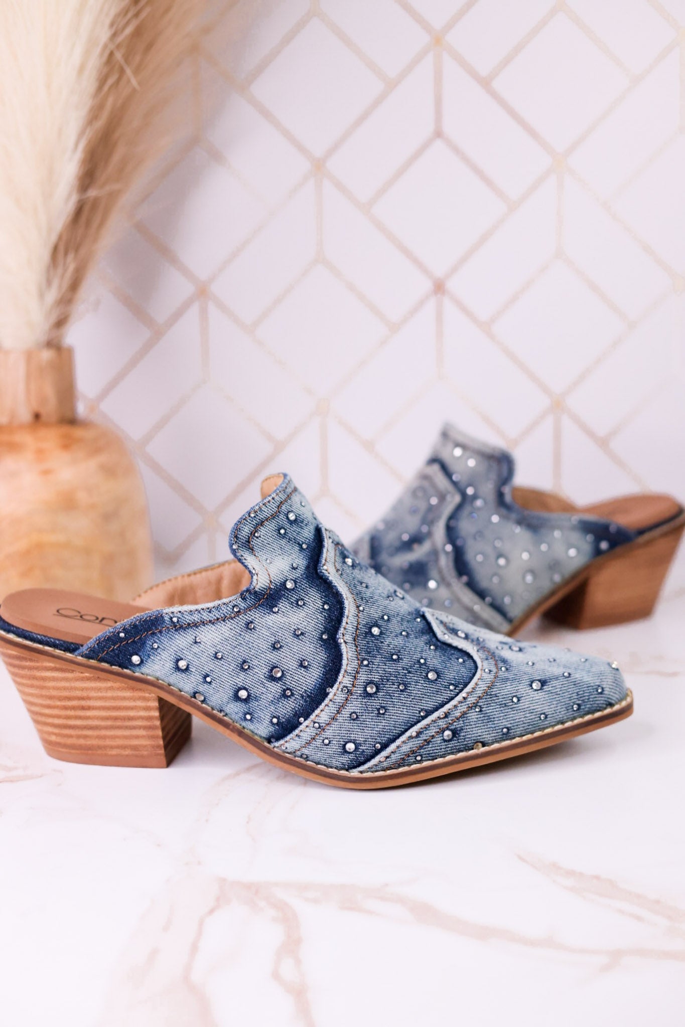 "Tex Mex" Pointed Toe Blue Washed Denim Mules - Whiskey Skies - CORKYS FOOTWEAR