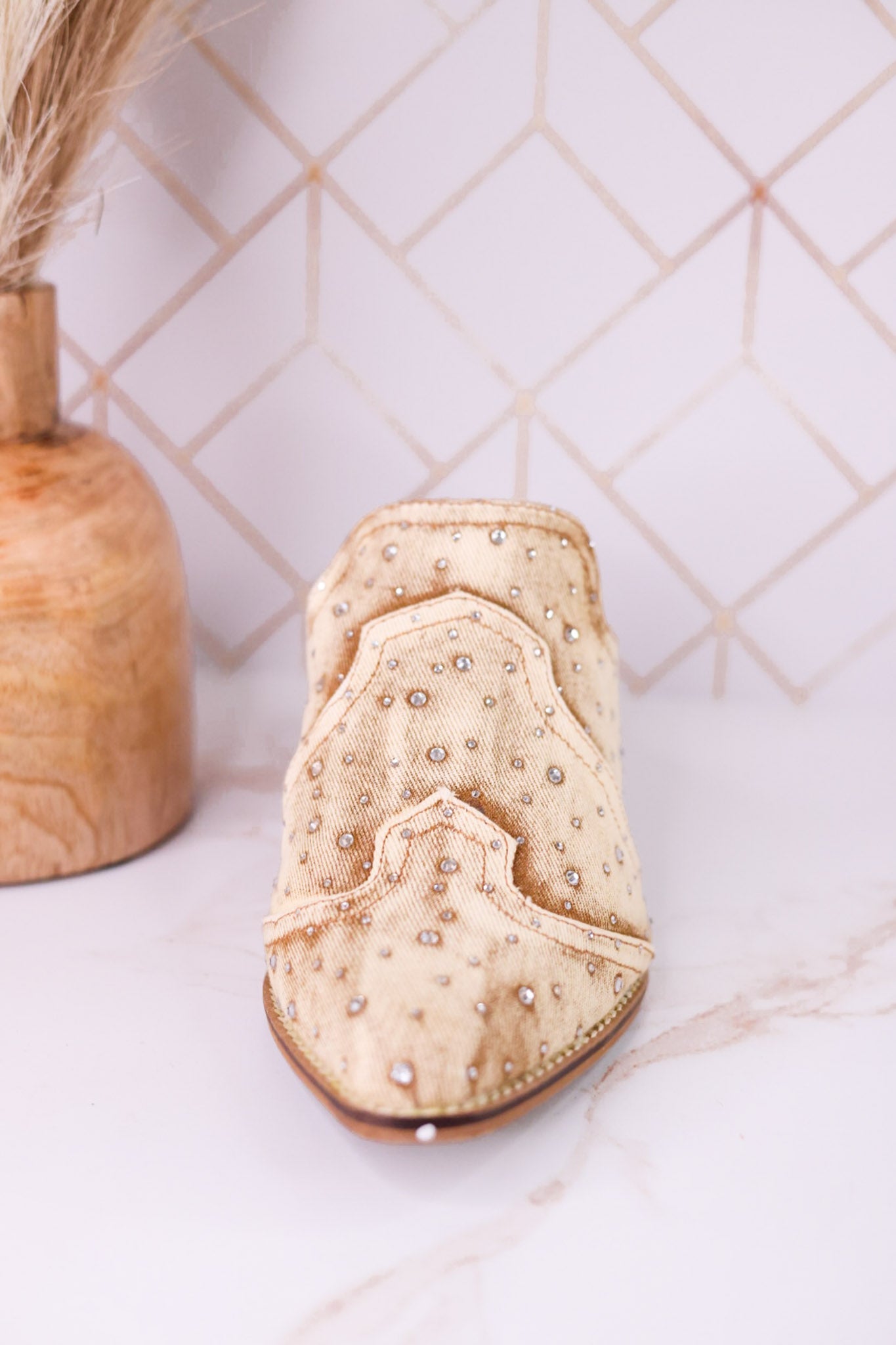 "Tex Mex" Pointed Toe Tan Washed Denim Mules - Whiskey Skies - CORKYS FOOTWEAR