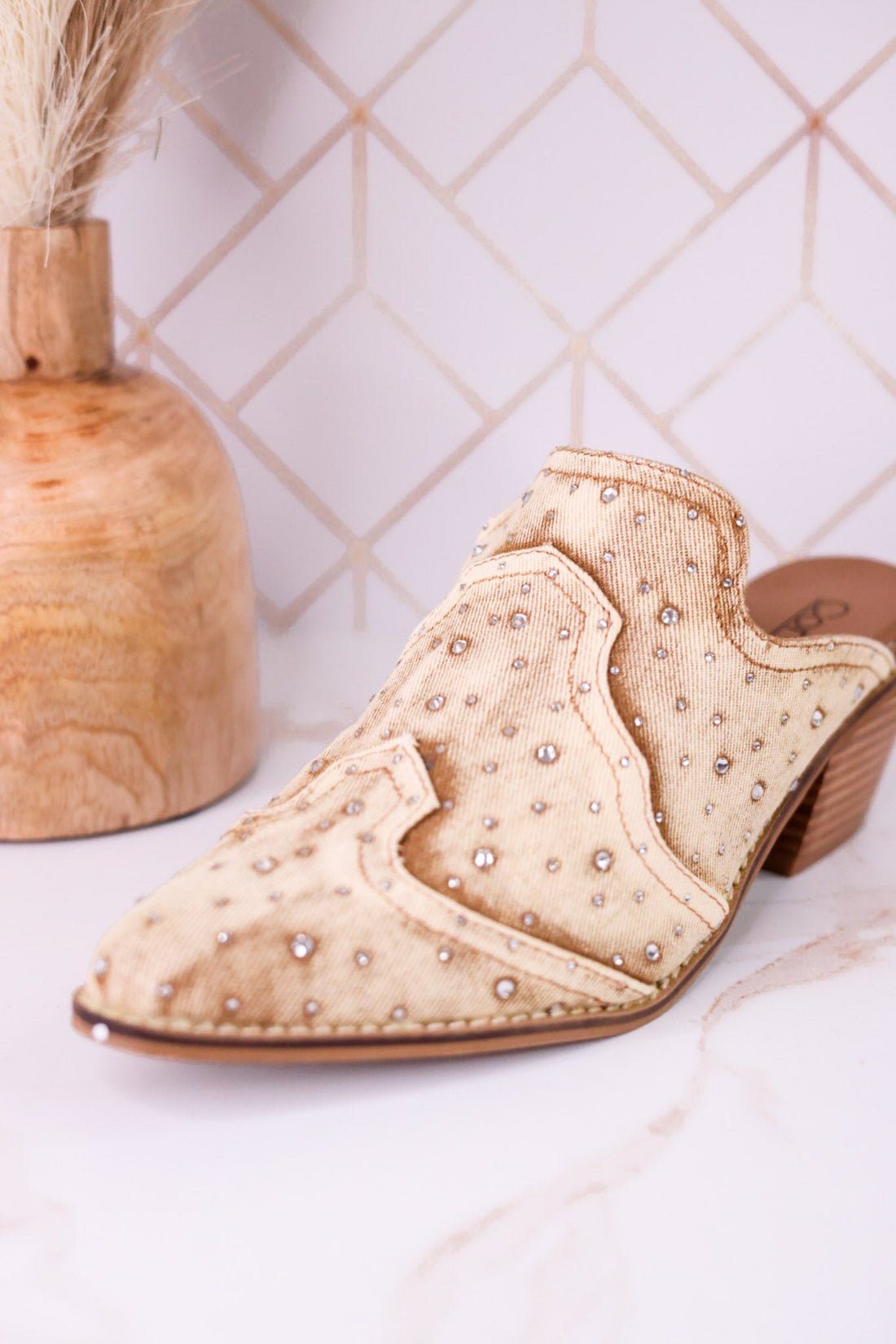 "Tex Mex" Pointed Toe Tan Washed Denim Mules - Whiskey Skies - CORKYS FOOTWEAR